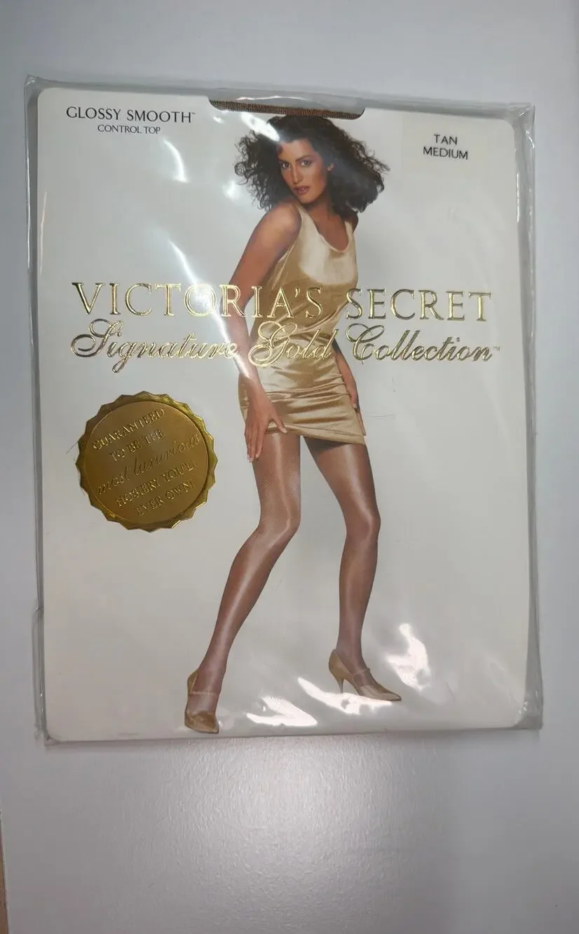 NWT Vintage Victoria's Secret Signature Gold Pantyhose Stockings Tan Medium